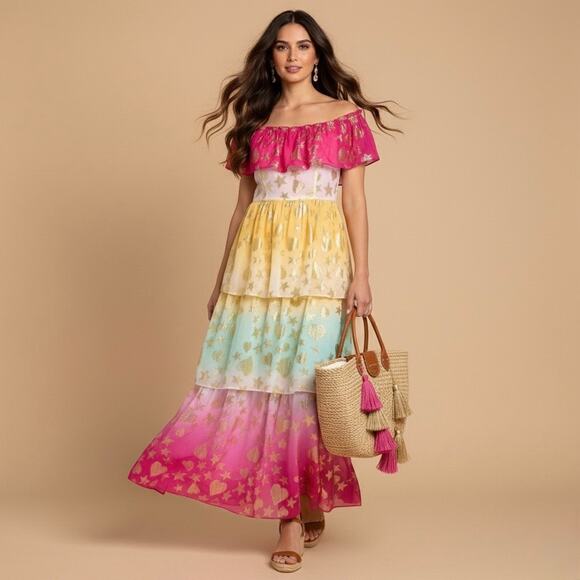 LoveShackFancy NWT Vynne Surfer Fuschia Light Ombré Maxi Tiered Dress Small 2 - Picture 1 of 16
